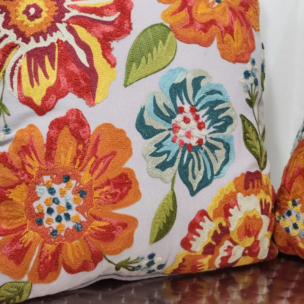 Pier 1 Throw Pillow 2pc Set Gray Floral Embroidery 17” x 17” Zipper Crewel Boho